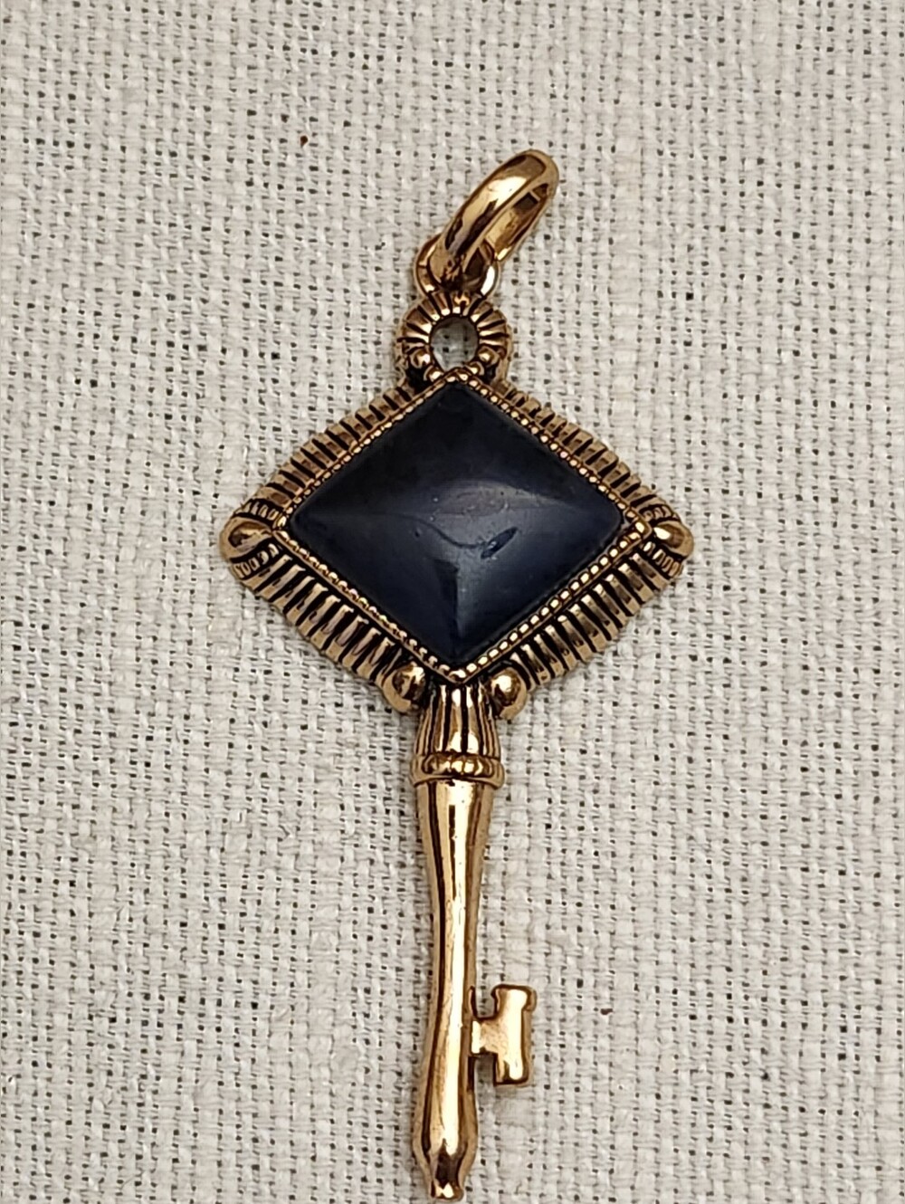 Barse Brass Key Pendant with Black And Blue Stone Accent